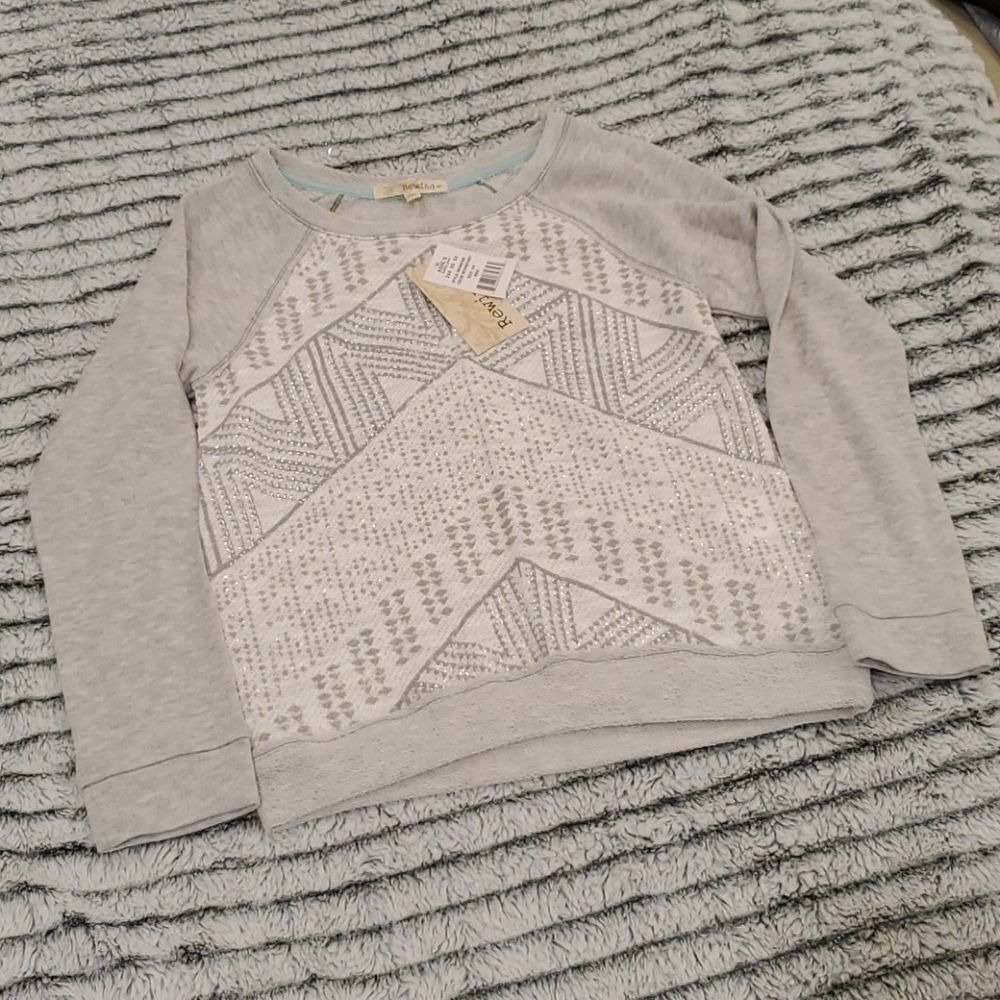 Light gray w/ sparkly silver design Rewind sweater